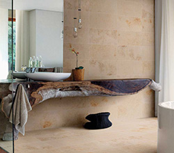 Daltile DT Pietra Jura Beige Backsplash and Flooring in Bathroom with Countertop
